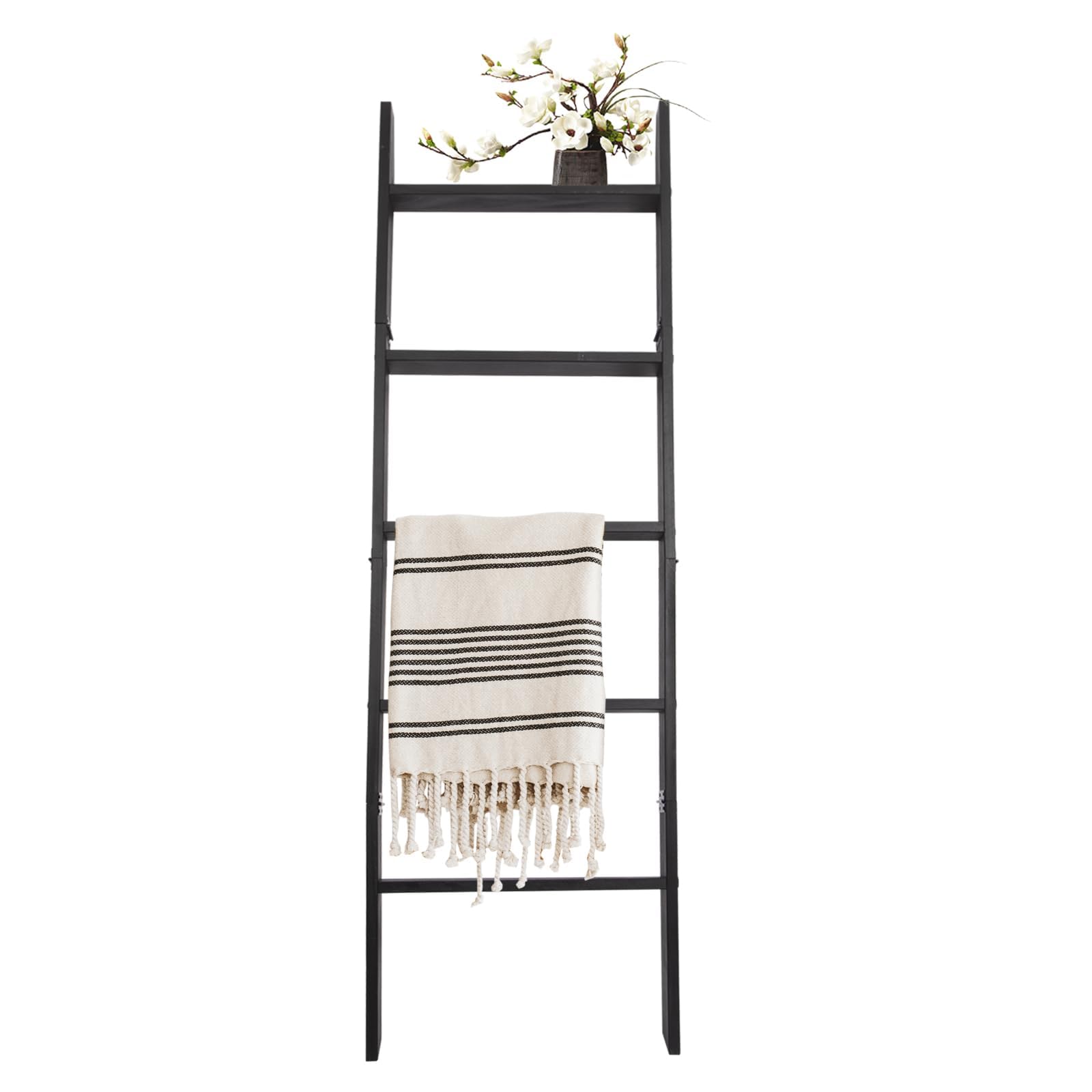 HYBDAMAI Blanket Ladder, 5-Tier Wooden Quilt Stand, Decorative Ladder Shelf, Leaning Shelf, Wall Leaning Blanket Ladder Towel Storage Rack for Living Room (Black)