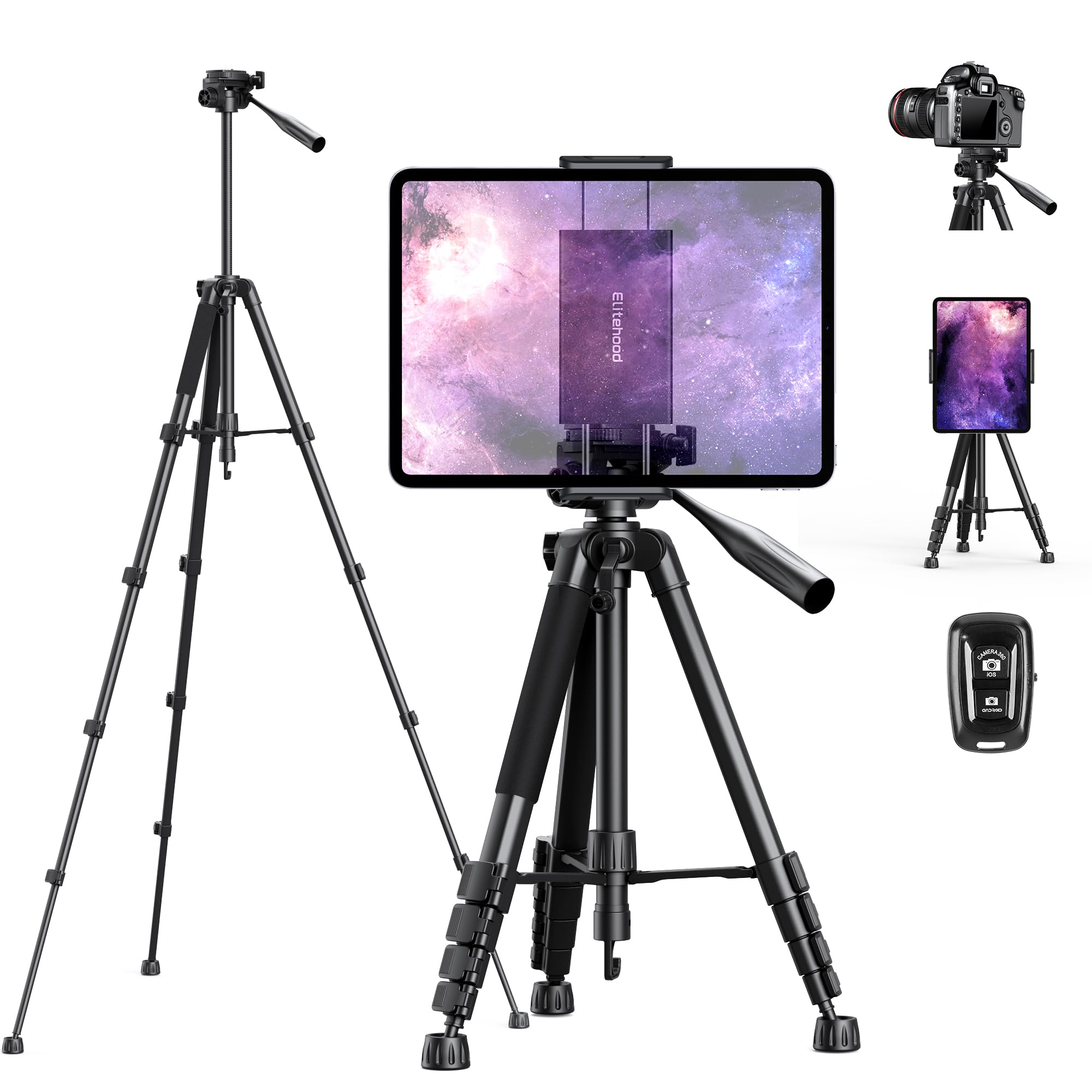 Elitehood 68" Heavy Duty iPad Tripod, Ultra-Stable Camera Tripod for iPad Pro 12.9, iPad Tripod Stand Mount for Video Recording/Photography, Compatible with 4.7-13inch Tablet/iPad Pro/Webcam/DSLR