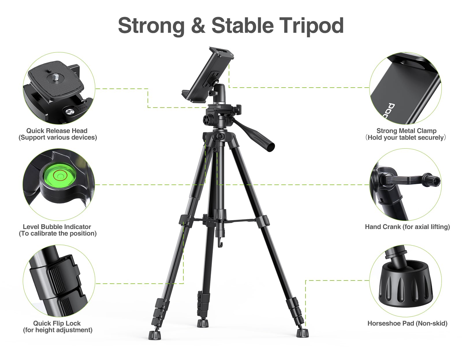 Elitehood 68" Heavy Duty iPad Tripod, Ultra-Stable Camera Tripod for iPad Pro 12.9, iPad Tripod Stand Mount for Video Recording/Photography, Compatible with 4.7-13inch Tablet/iPad Pro/Webcam/DSLR
