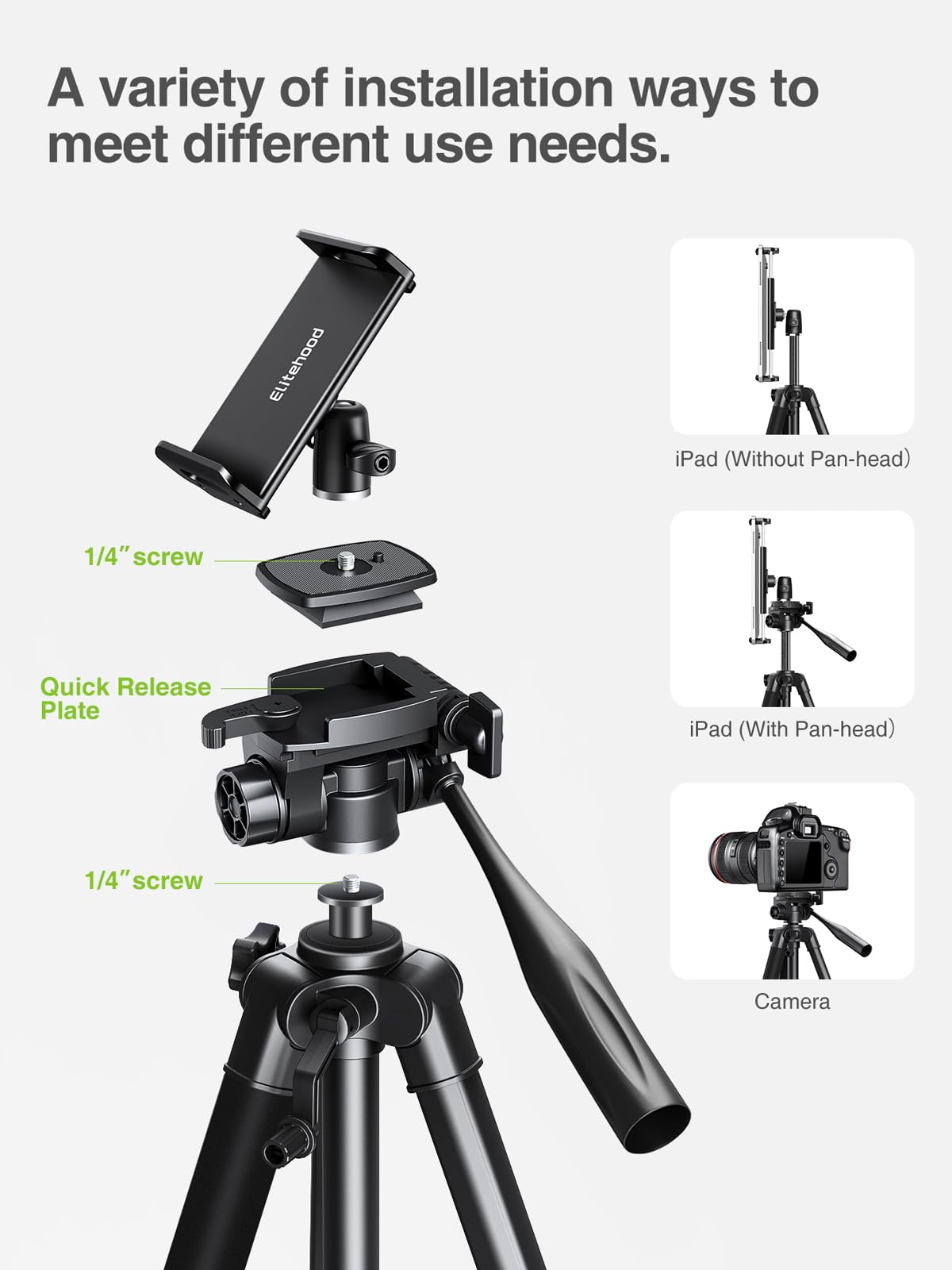 Elitehood 68" Heavy Duty iPad Tripod, Ultra-Stable Camera Tripod for iPad Pro 12.9, iPad Tripod Stand Mount for Video Recording/Photography, Compatible with 4.7-13inch Tablet/iPad Pro/Webcam/DSLR