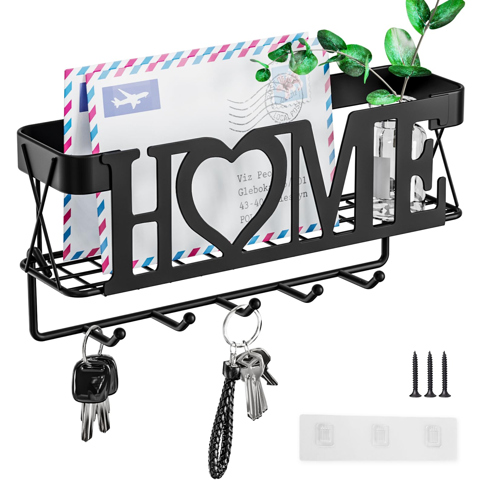 OHOBABY Key Holder for Wall - Key Rack with 5 Key Hooks, 11.02" L×2.75" W×4.92" H, Key and Mail Organizer Wall Mount with Mesh Basket, Key Hanger for Wall, Entryway, Home Decor(Matte Black)