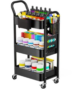 pipishell 3-tier rolling cart, metal utility cart with pegboard, lockable wheels & u-shaped handle, storage cart with 2 hanging cups & 4 hooks for living room, bedroom, kitchen, office (black)