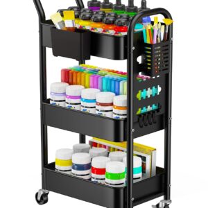 Pipishell 3-Tier Rolling Cart, Metal Utility Cart with Pegboard, Lockable Wheels & U-Shaped Handle, Storage Cart with 2 Hanging Cups & 4 Hooks for Living Room, Bedroom, Kitchen, Office (Black)