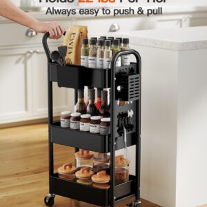 Pipishell 3-Tier Rolling Cart, Metal Utility Cart with Pegboard, Lockable Wheels & U-Shaped Handle, Storage Cart with 2 Hanging Cups & 4 Hooks for Living Room, Bedroom, Kitchen, Office (Black)