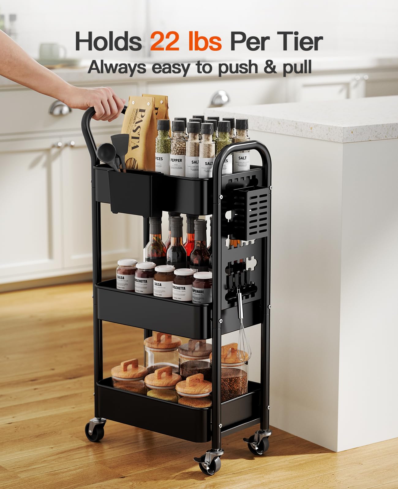 Pipishell 3-Tier Rolling Cart, Metal Utility Cart with Pegboard, Lockable Wheels & U-Shaped Handle, Storage Cart with 2 Hanging Cups & 4 Hooks for Living Room, Bedroom, Kitchen, Office (Black)