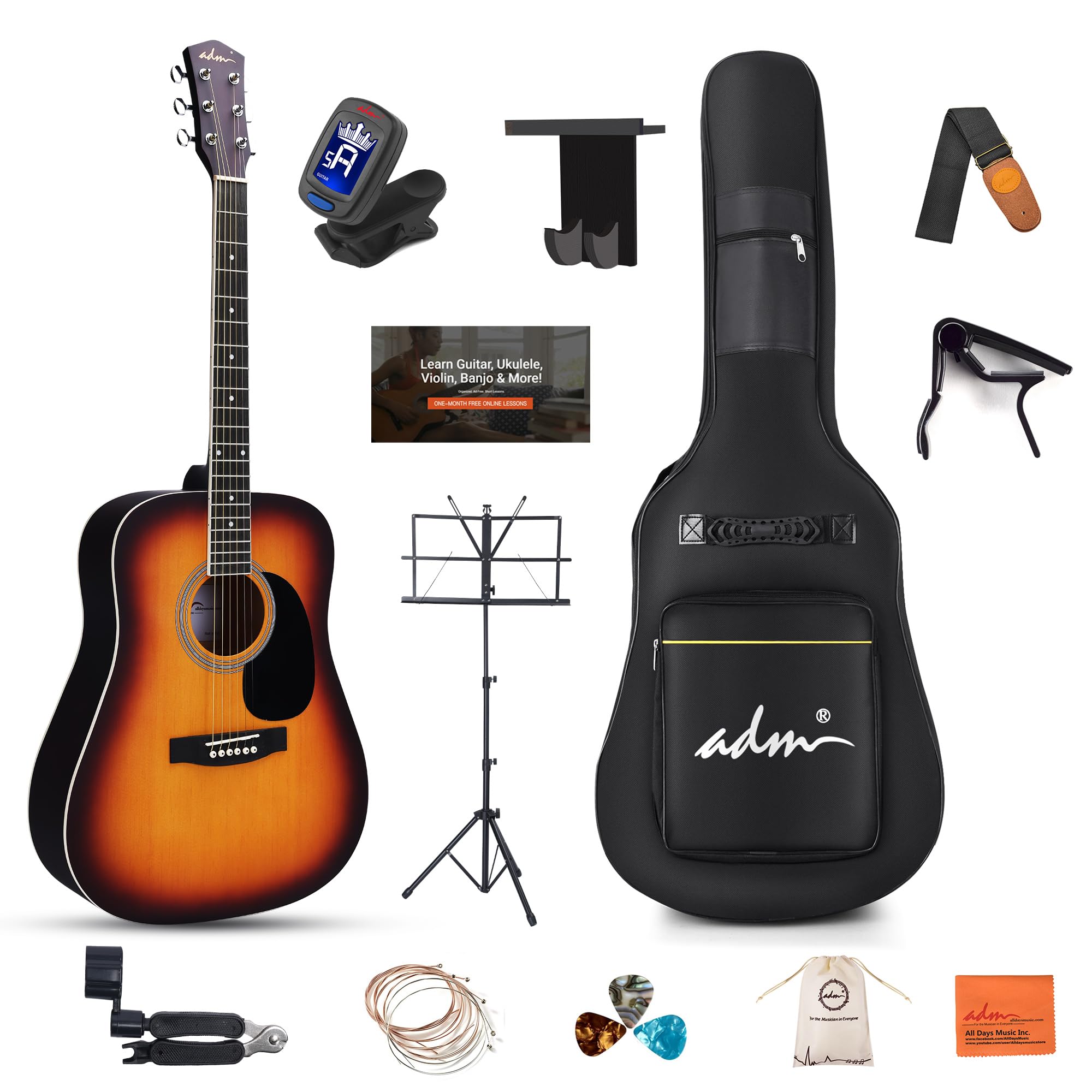 ADM Dreadnought Acoustic Guitar Kit with Free Online Lesson for Beginner Adult Teen Full Size Acustica Guitarra Starter Bundle Set with Bag Strap Tuner Capo Pickguard Music Stand, Right Hand 41 Inch