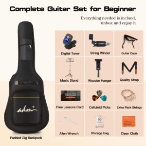 ADM Dreadnought Acoustic Guitar Kit with Free Online Lesson for Beginner Adult Teen Full Size Acustica Guitarra Starter Bundle Set with Bag Strap Tuner Capo Pickguard Music Stand, Right Hand 41 Inch