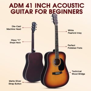 ADM Dreadnought Acoustic Guitar Kit with Free Online Lesson for Beginner Adult Teen Full Size Acustica Guitarra Starter Bundle Set with Bag Strap Tuner Capo Pickguard Music Stand, Right Hand 41 Inch