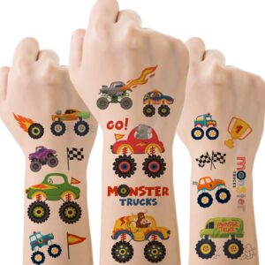 monster truck birthday party supplies temporary tattoos for kids, 10 sheets trucks, big cars, finish lines fake tattoos stickers for kids girls boys decorations school rewards gifts