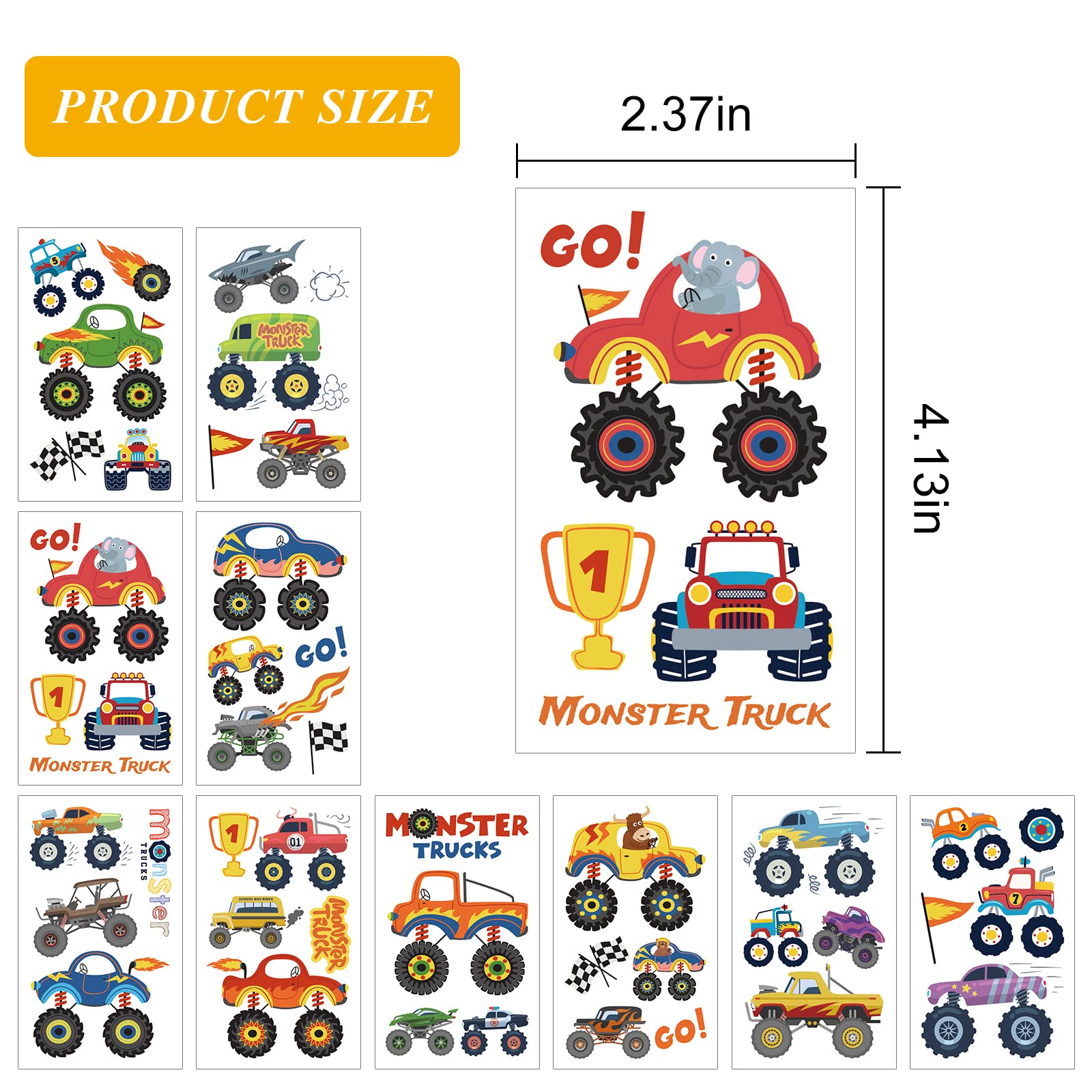 Monster Truck Birthday Party Supplies Temporary Tattoos for Kids, 10 Sheets Trucks, Big Cars, Finish Lines Fake Tattoos Stickers for Kids Girls Boys Decorations School Rewards Gifts