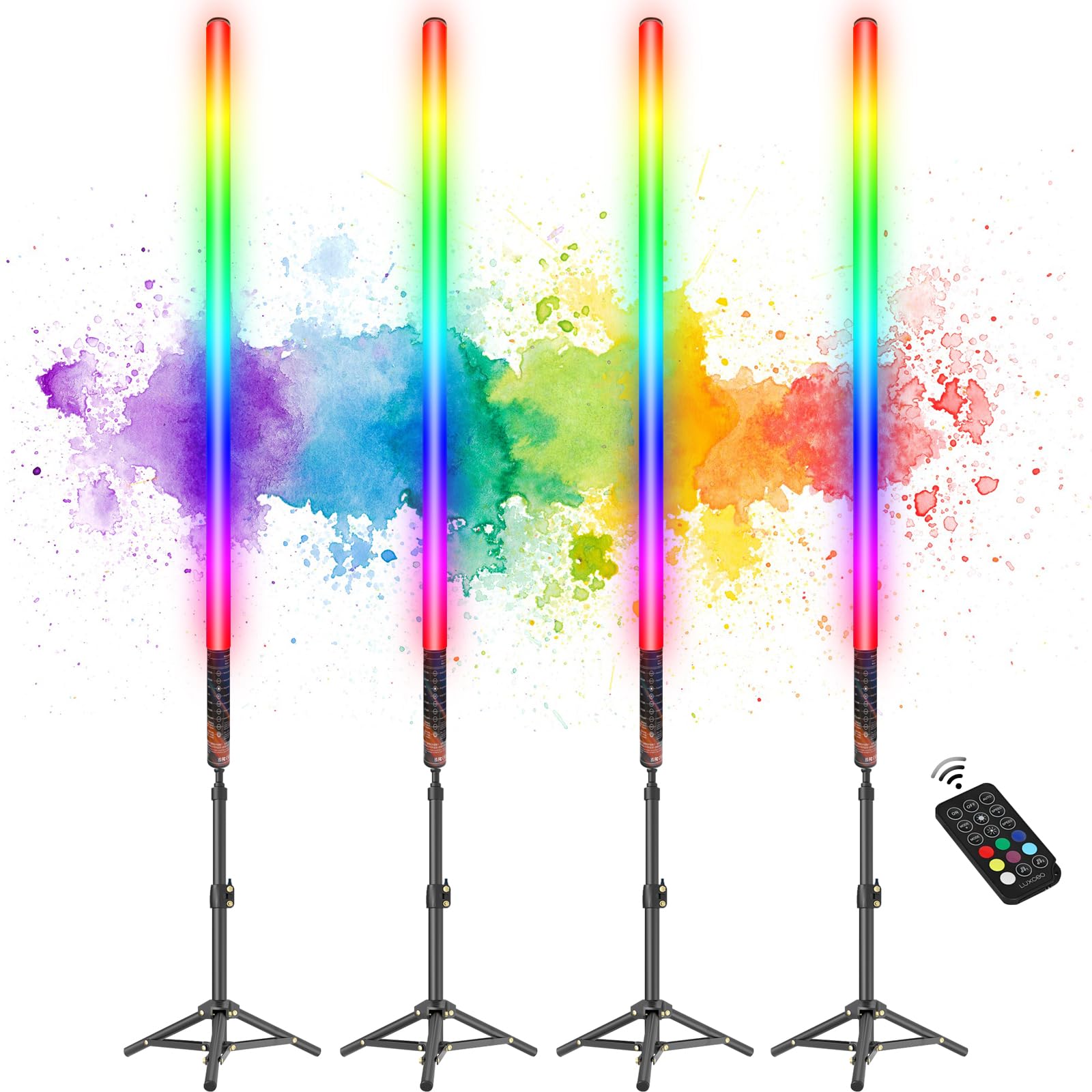 Lookmein 4Pack RGB Tube Light Bar with Light Stand, Battery Powered LED Video Light Wand Stick for DJ Lighting, Dance Club and Photography Lighting (2.8Ft)