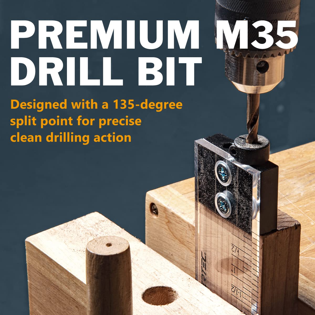 POWERTEC 71715 Dowel Drilling Jig with Depth Scale, Laser Cut Alignment Marker, Cobalt M-35 Drill Bit and Split Ring Stop Collar, 1/4-inch