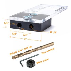 POWERTEC 71715 Dowel Drilling Jig with Depth Scale, Laser Cut Alignment Marker, Cobalt M-35 Drill Bit and Split Ring Stop Collar, 1/4-inch