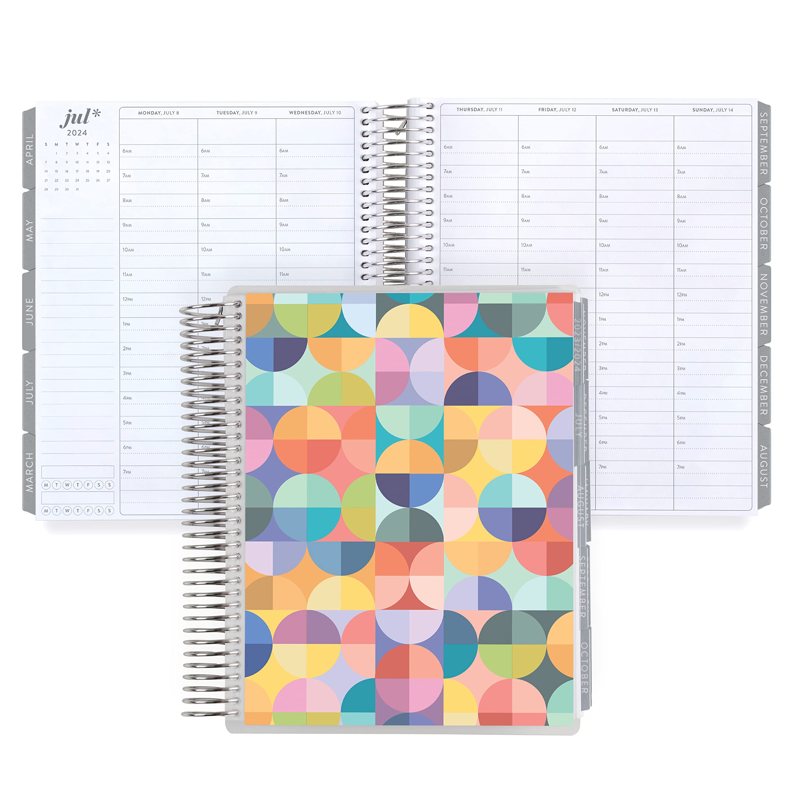 7" x 9" Platinum Spiral Coiled Life Planner (July 2023 - June 2024) - Abstract Circles Classic Cover + Canvas Interior Pages. Hourly Weekly & Monthly Agenda by Erin Condren