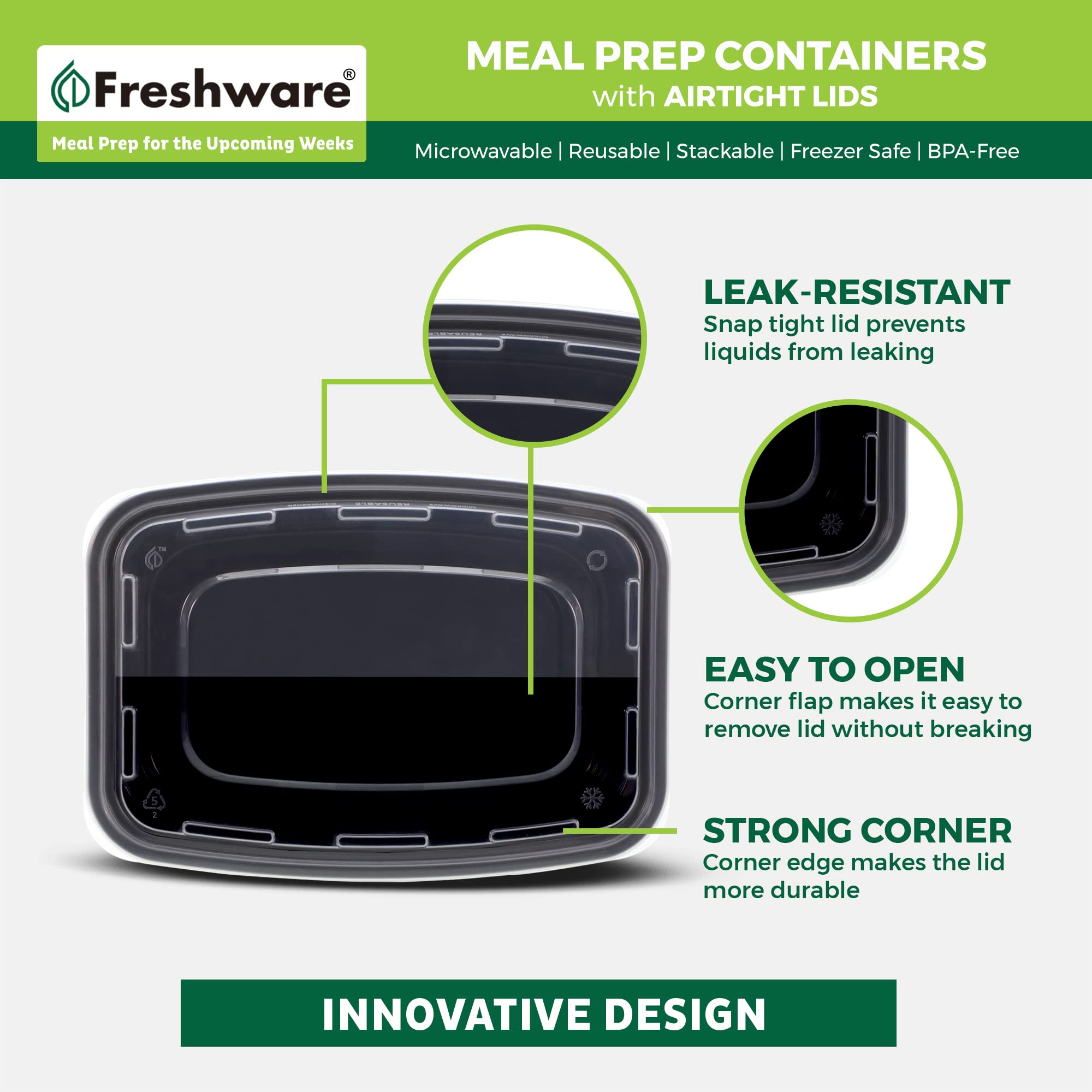 Freshware Meal Prep Containers [50 Pack] 1 Compartment with Lids, Food Storage Containers, Bento Box, BPA Free, Stackable, Microwave/Dishwasher/Freezer Safe (28 oz)