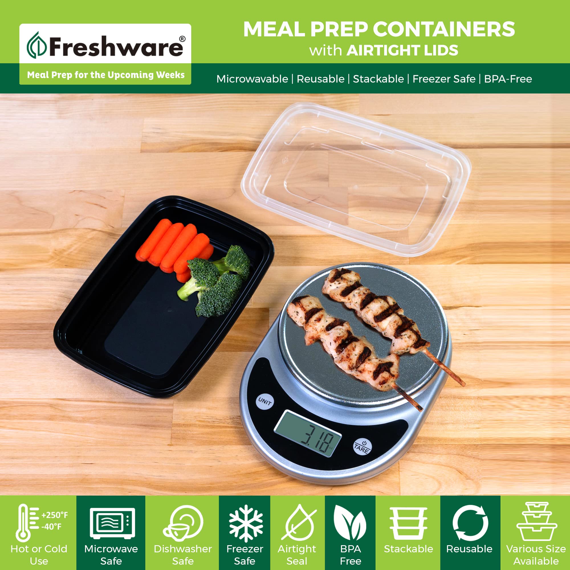 Freshware Meal Prep Containers [50 Pack] 1 Compartment with Lids, Food Storage Containers, Bento Box, BPA Free, Stackable, Microwave/Dishwasher/Freezer Safe (28 oz)