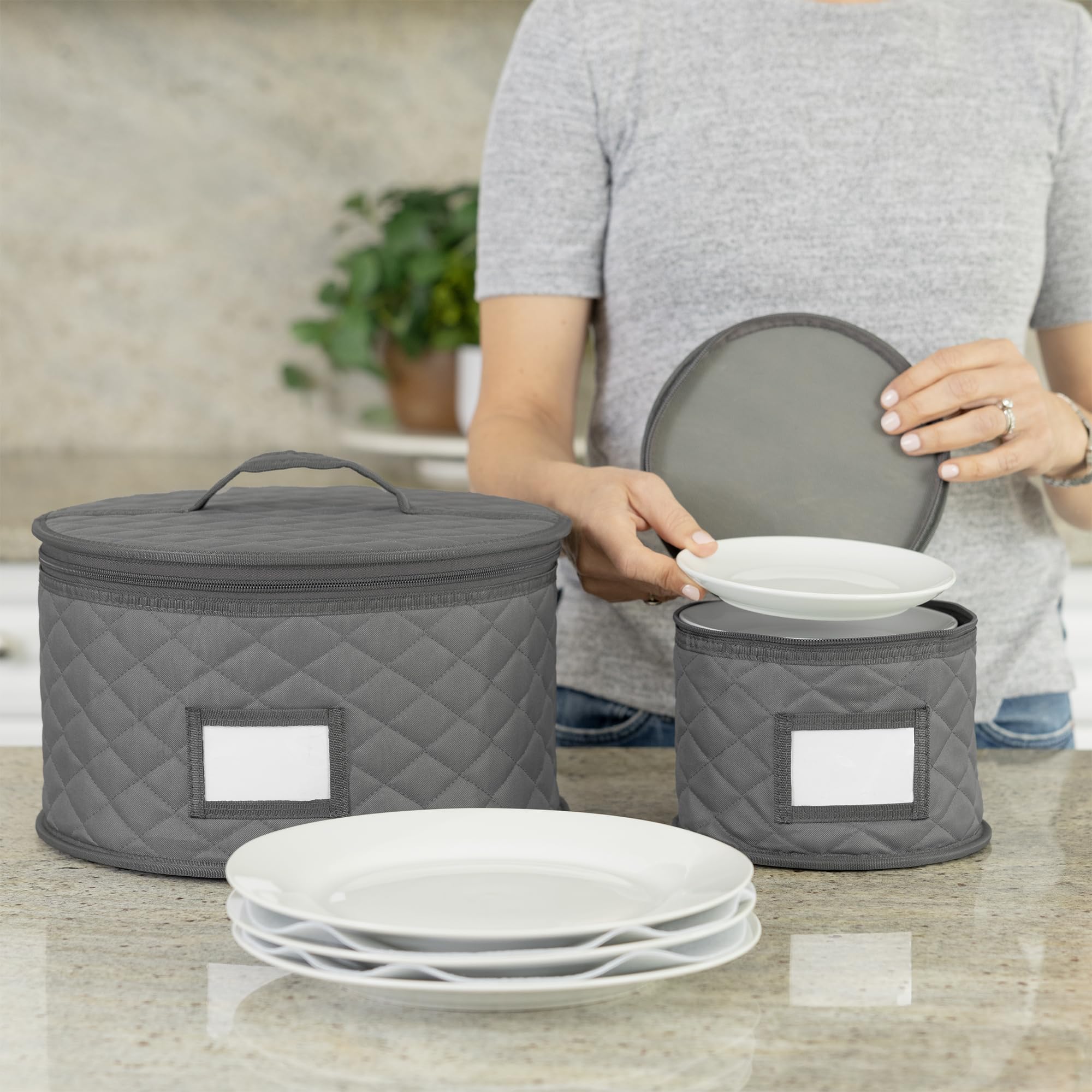 STOZU 2 Pack China Storage Containers for Dinner Plates - 12" W x 7" H - Includes 24 Felt Dividers - Stackable Case with Padded Interior and Handle