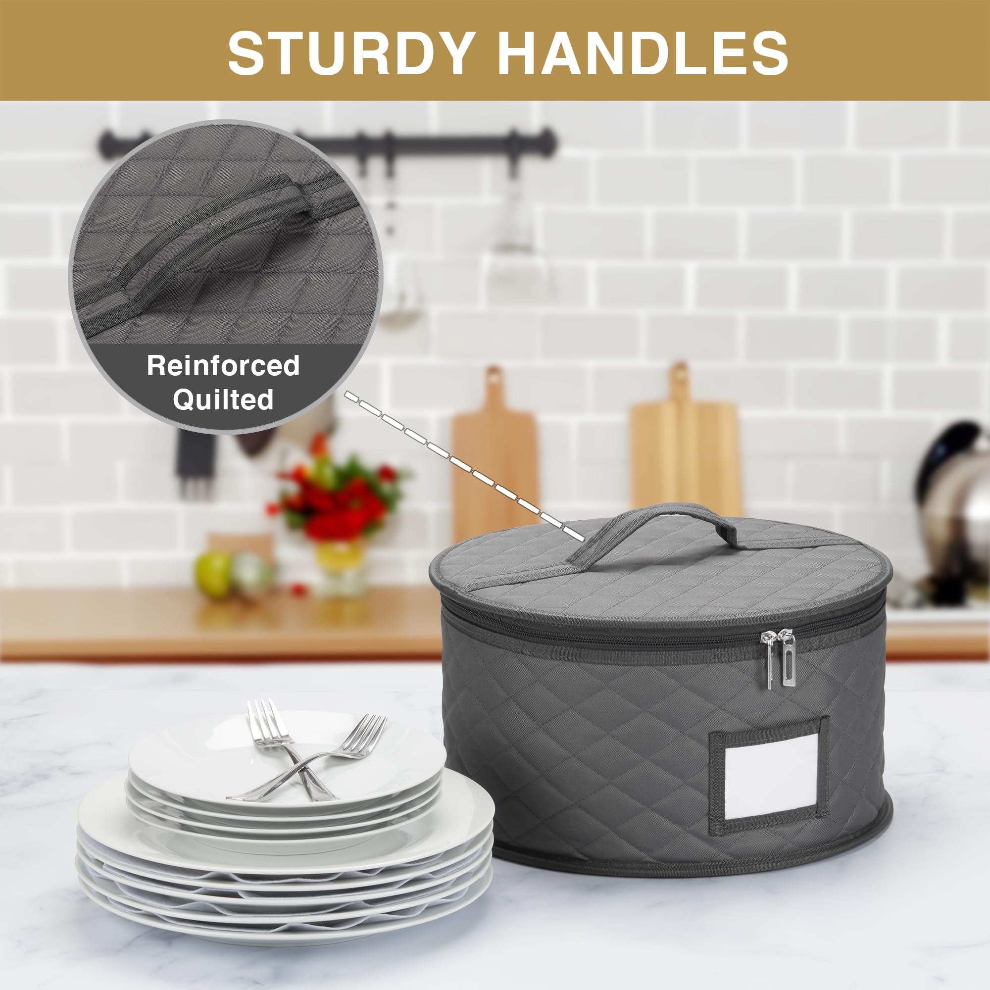 STOZU 2 Pack China Storage Containers for Dinner Plates - 12" W x 7" H - Includes 24 Felt Dividers - Stackable Case with Padded Interior and Handle