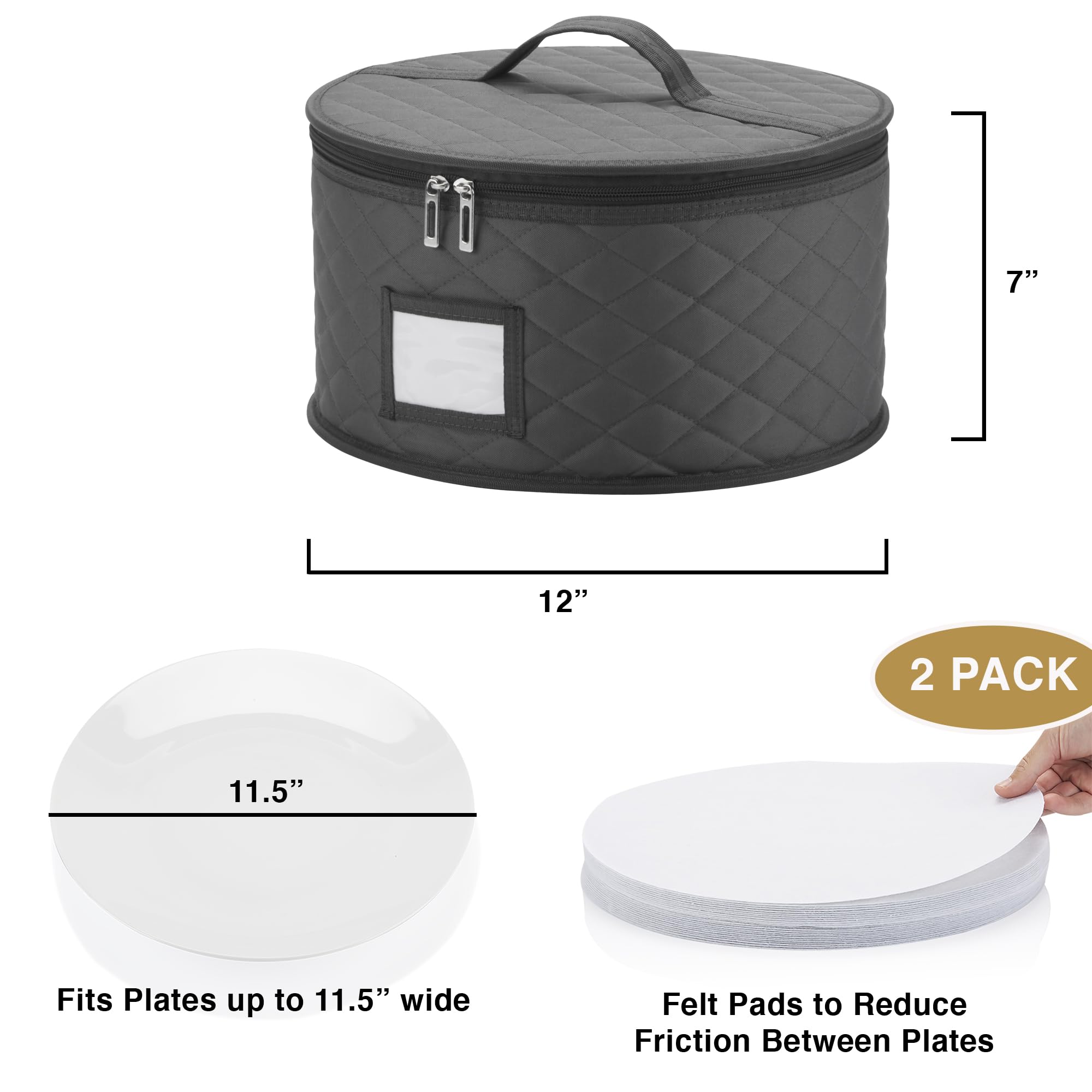 STOZU 2 Pack China Storage Containers for Dinner Plates - 12" W x 7" H - Includes 24 Felt Dividers - Stackable Case with Padded Interior and Handle