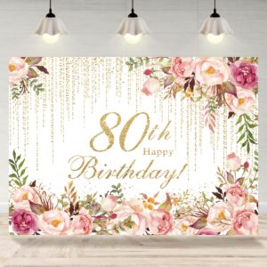 rsuuinu happy 80th birthday backdrop for women flowers photography background 80th birthday floral birthday party decorations supplies favors cake table banner photo booth studio props 7x5ft