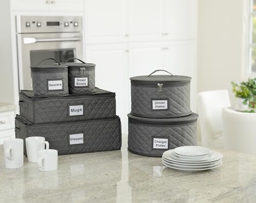 2 Pack 8" Bowl and Dessert Plate Storage Cases - China Storage Container - Stackable With Padded Interior to Store and Transport Your Fine China Dinnerware Dishes - 24 Felt Pads Included - Gray
