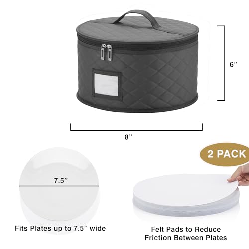 2 Pack 8" Bowl and Dessert Plate Storage Cases - China Storage Container - Stackable With Padded Interior to Store and Transport Your Fine China Dinnerware Dishes - 24 Felt Pads Included - Gray