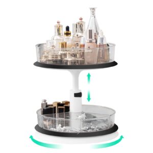 auzeuner 2 tier lazy susan organizer,lazy susan turntable for cabinet,bathroom,makeup, turntable with adjustable height,with 1 large bin and 3 dividers bins, removable, clear spice rack (white)