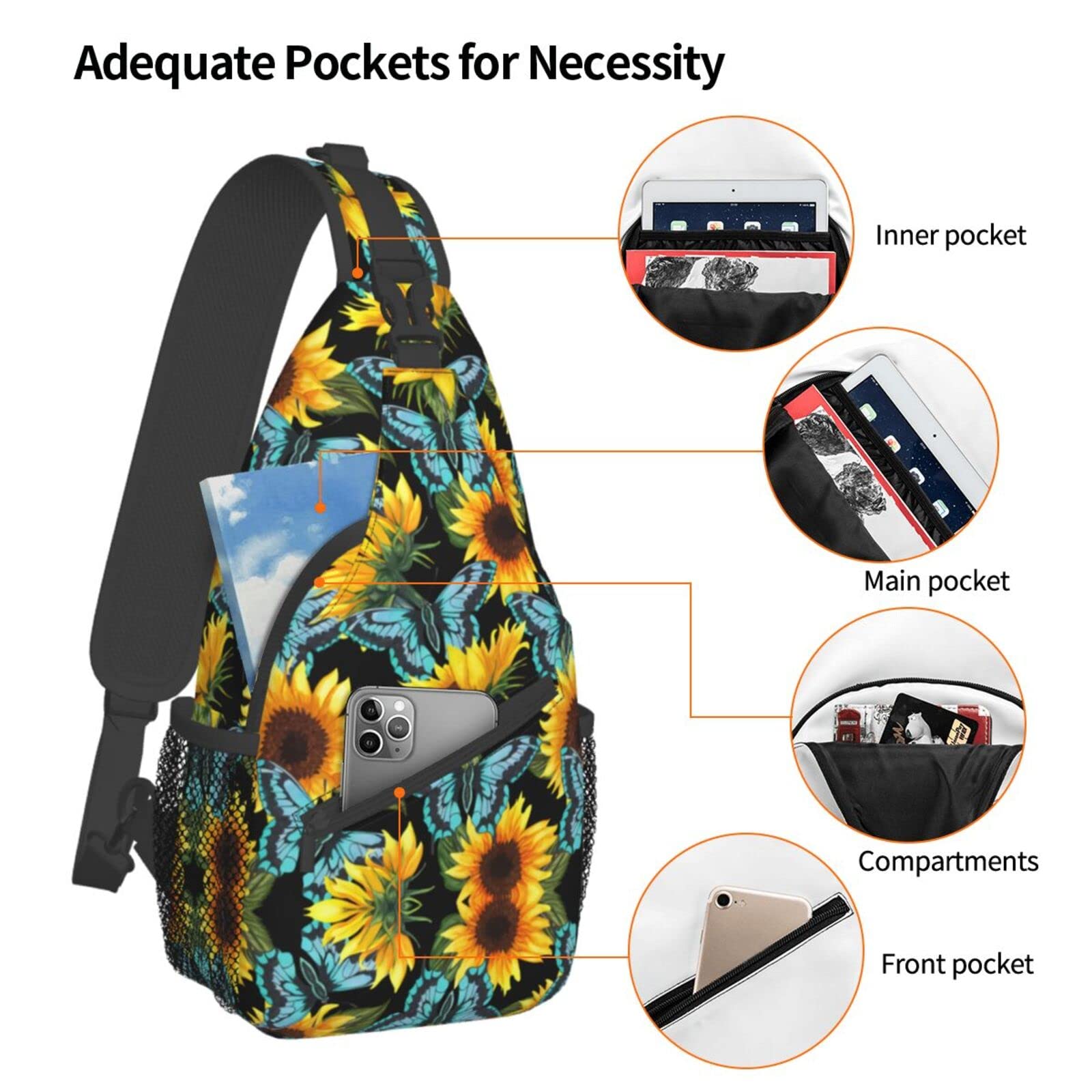 JSHXJBWR Sunflower Sling Backpack Crossbody Shoulder Bags For Men Women Beautiful Sunflowers Casual Adjustable Daypacks Chest Bag For Hiking Travel Cycling