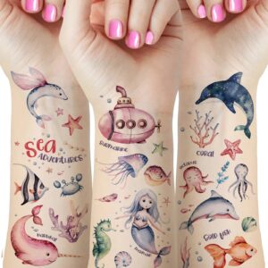 60 pieces under the sea mermaid party decorations temporary tattoos for kids, ocean beach pool birthday party supplies favors, mermaid shark dolphin octopus fish fake tattoo stickers for boys and girls