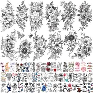 64 sheets flowers temporary tattoos for women girls adults, shemboli 3d floral tattoo realistic fake tattoos, waterproof sunflower butterfly tattoo stickers, fake body arm neck chest shoulder tattoos