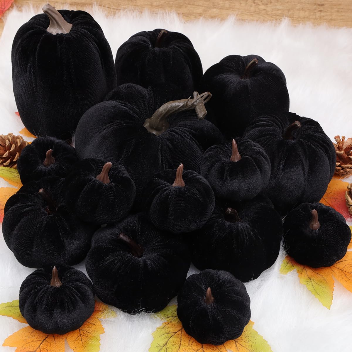 Yatinkim 16pcs Black Halloween Faux Velvet Pumpkins Decorative Set Halloween Fake Foam Pumpkin Thanksgiving Kitchen Decor Fall Church Decoration