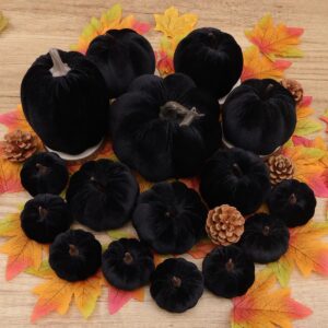 Yatinkim 16pcs Black Halloween Faux Velvet Pumpkins Decorative Set Halloween Fake Foam Pumpkin Thanksgiving Kitchen Decor Fall Church Decoration