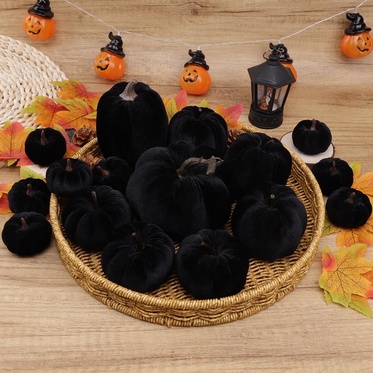 Yatinkim 16pcs Black Halloween Faux Velvet Pumpkins Decorative Set Halloween Fake Foam Pumpkin Thanksgiving Kitchen Decor Fall Church Decoration