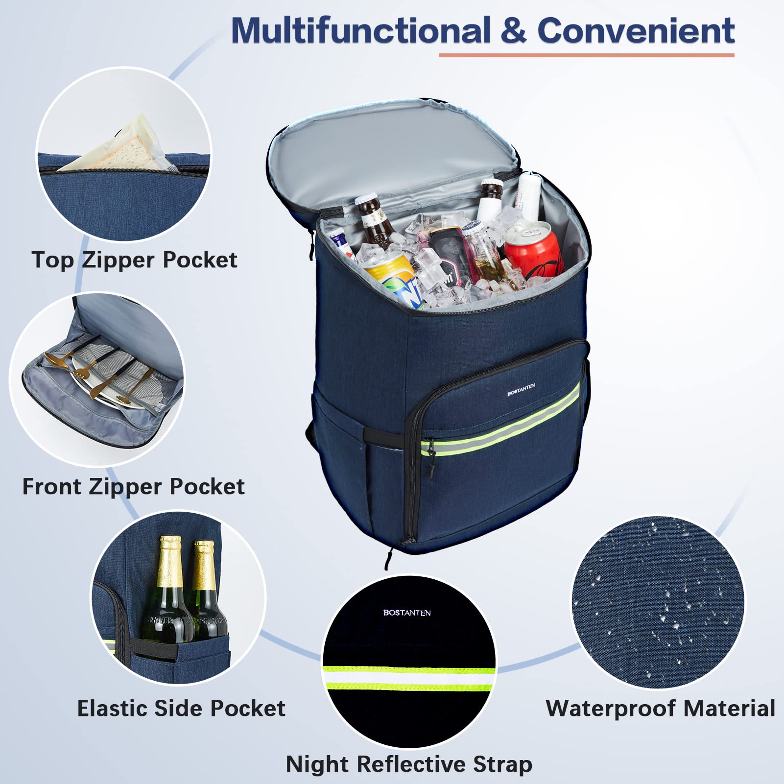 BOSTANTEN Backpack Cooler - 30 Cans Leakproof Insulated Cooler Backpack with Trolley Sleeve, Lightweight Soft Cooler Bag