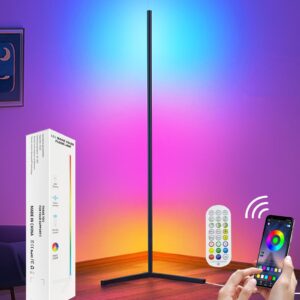 led corner floor lamp, 65.1'' tall led corner light with music sync, rgb corner lamp with app remote control ambient color changing floor lamp mood lighting for bedroom living room gaming room