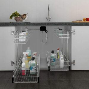 storking 2 tier under sink pull out cabinet organizer slide wire shelf basket for kitchen base cabinets 9" w 17" d 16" h (17d,2pcs)
