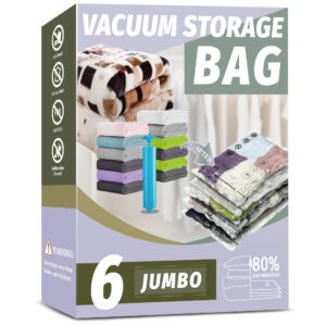 vacuum storage bags, 6 jumbo space saver vacuum seal sealer bags with pump for clothes, comforters, blankets (6j)