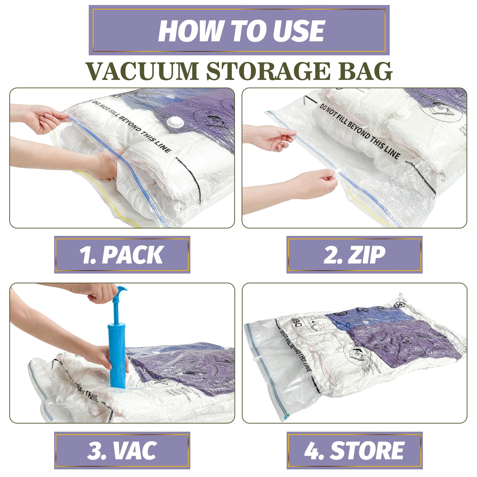 Vacuum Storage Bags, 6 Jumbo Space Saver Vacuum Seal Sealer Bags with Pump for Clothes, Comforters, Blankets (6J)