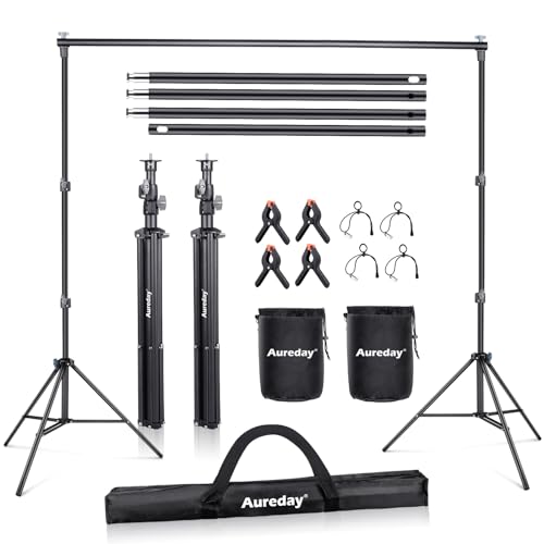 Aureday Backdrop Stand, 10x10ft Adjustable Photo Backdrop Stand for Parties, Heavy Duty Background Stand with Travel Bag, Backdrop Clamps, Crossbars, 2 Sandbags for Wedding/Decorations/Photoshoot