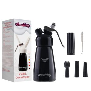 250ml amazwhip cream dispenser for all cold applications-durable aluminum alloy cream whipper with 3 decorating nozzles & 1 cleaning brush (black)