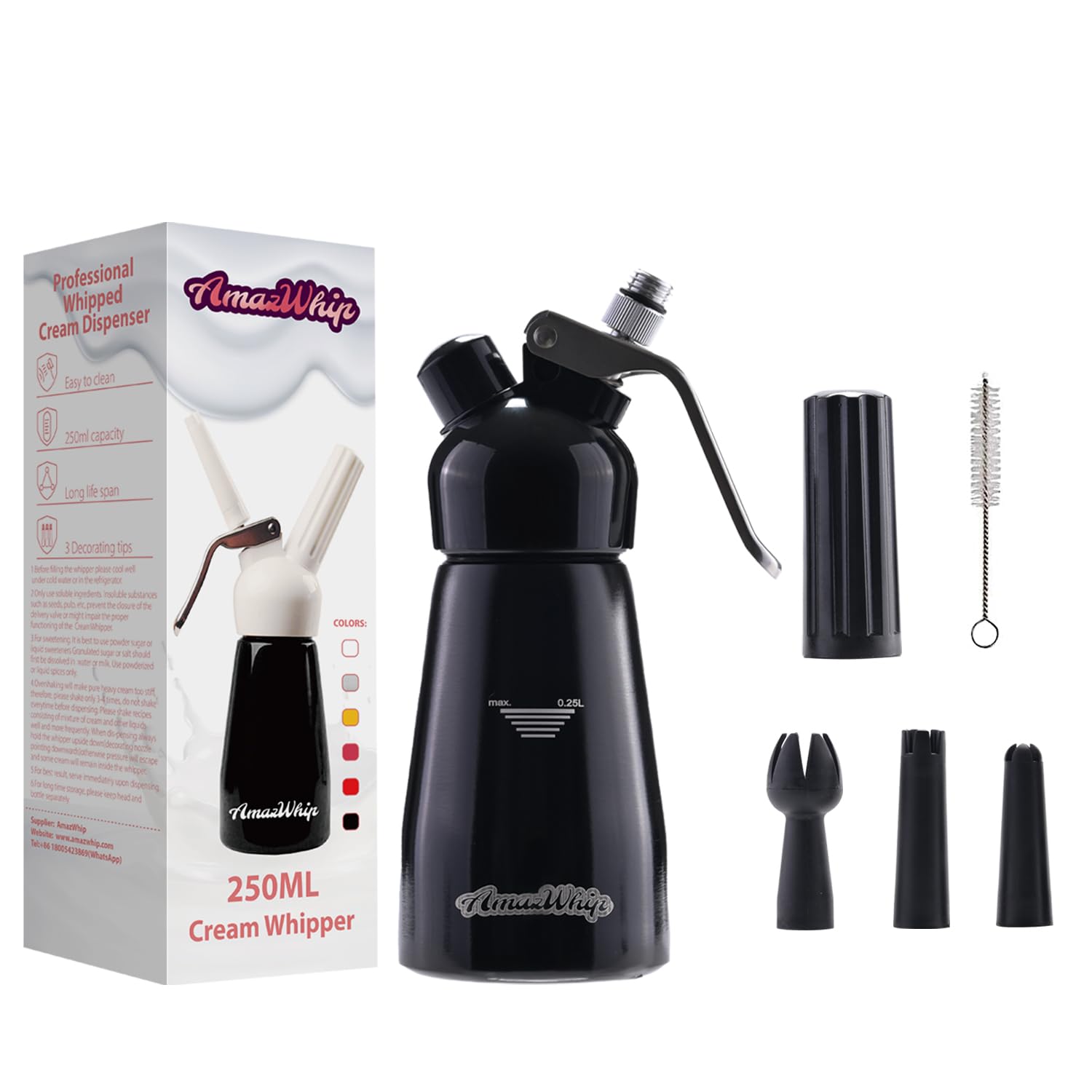 250ML AmazWhip Cream Dispenser For All Cold Applications-Durable Aluminum Alloy Cream Whipper With 3 Decorating Nozzles & 1 Cleaning Brush (Black)