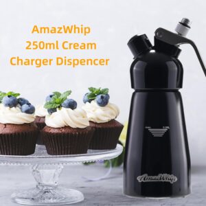 250ML AmazWhip Cream Dispenser For All Cold Applications-Durable Aluminum Alloy Cream Whipper With 3 Decorating Nozzles & 1 Cleaning Brush (Black)