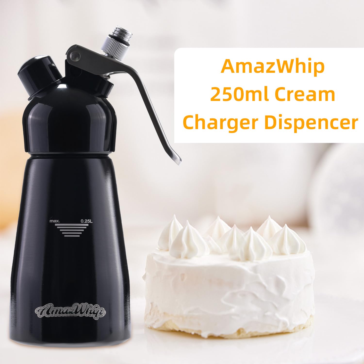 250ML AmazWhip Cream Dispenser For All Cold Applications-Durable Aluminum Alloy Cream Whipper With 3 Decorating Nozzles & 1 Cleaning Brush (Black)