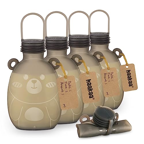 Haakaa Happii Bear Silicone Breast Milk Storage Bag-Refillable Baby Food Squeeze Pouch for Yogurt Puree -Reusable Milk Freezer Bag - Portable & No Leak BPA Free -9 oz 5PK