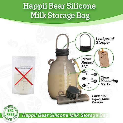 Haakaa Happii Bear Silicone Breast Milk Storage Bag-Refillable Baby Food Squeeze Pouch for Yogurt Puree -Reusable Milk Freezer Bag - Portable & No Leak BPA Free -9 oz 5PK