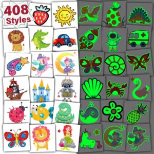 partywind 408 pcs temporary tattoos for kids, glow and glitter fake tattoo stickers for boys girls party supplies favors, cute goodie bag stuffers gifts for children (individually wrapped sheet)