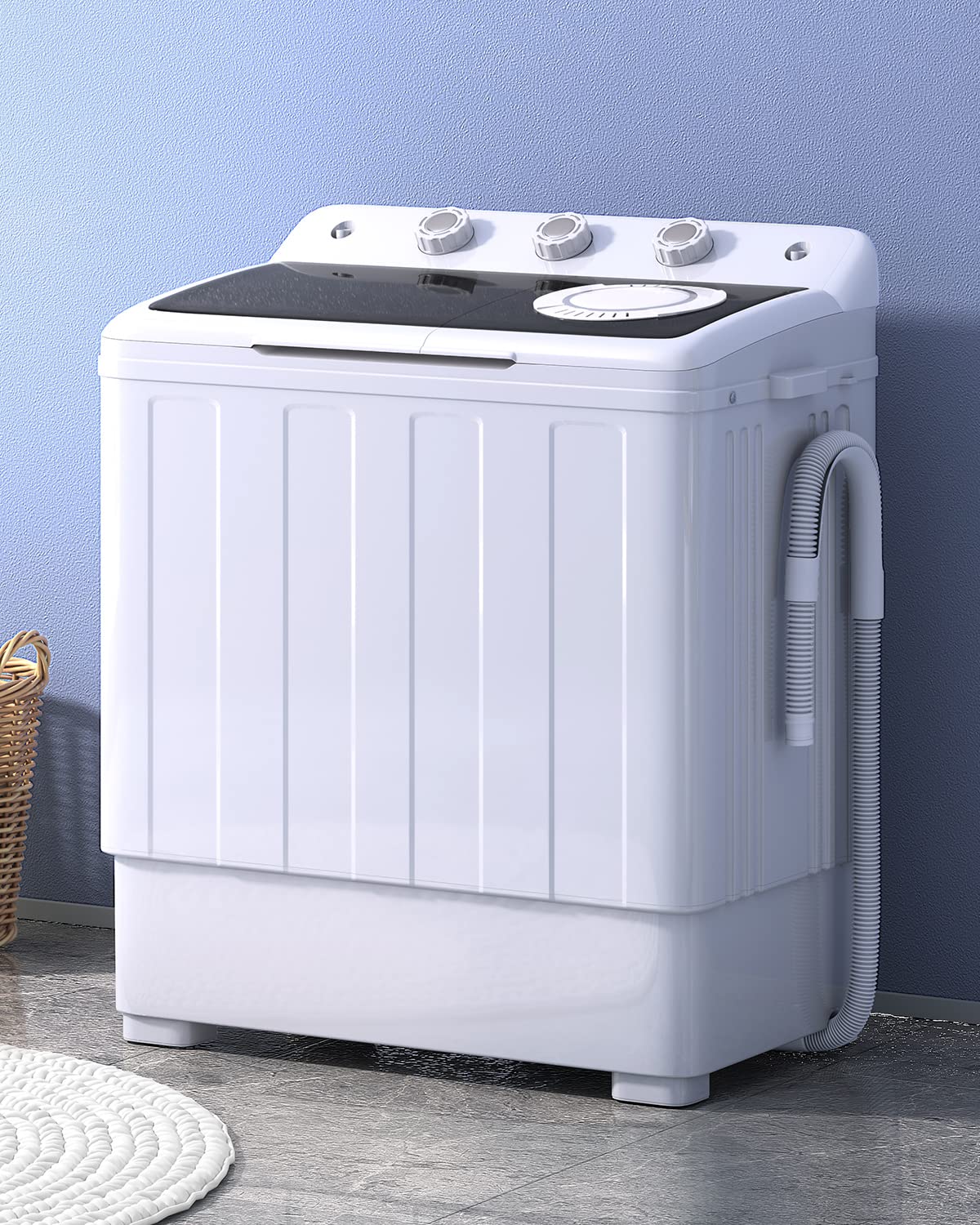 TABU 28lbs Portable Washing Machine with Drain Pump, Laundry Compact Washer Machine, Twin Tub Washing Machine, Washer and Spiner Machine for Dorms, Apartments, RVs (White & Black)