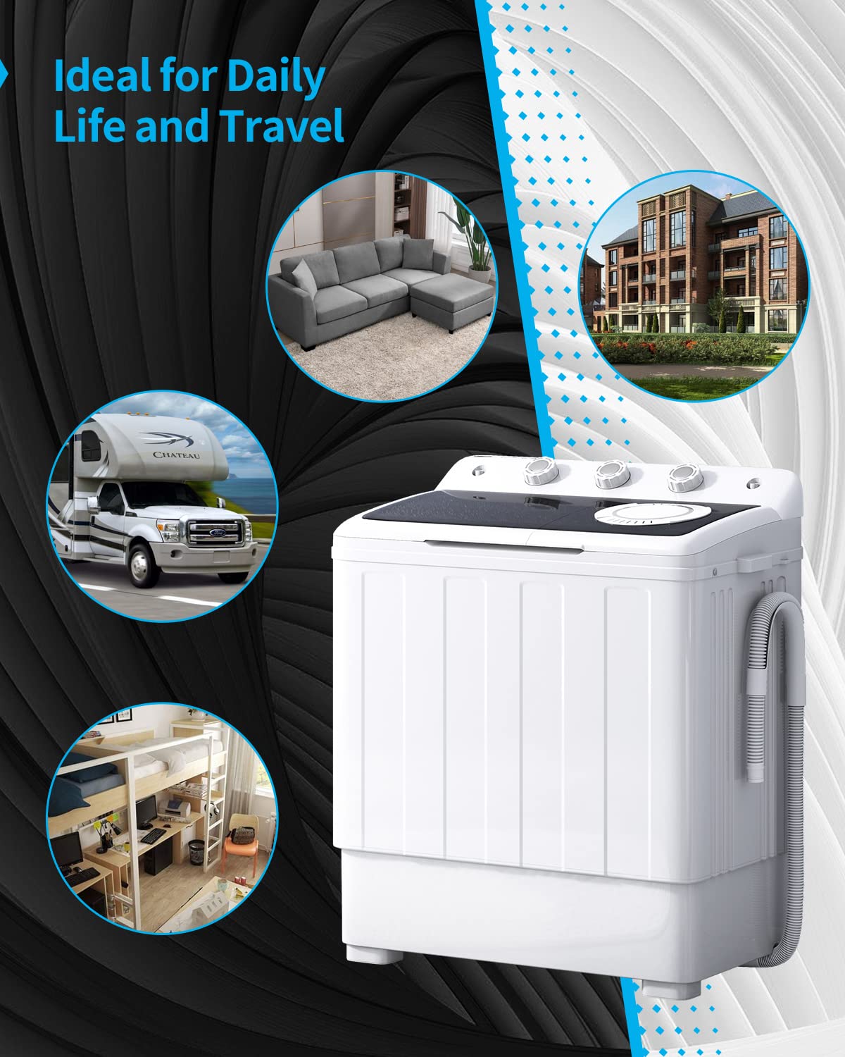 TABU 28lbs Portable Washing Machine with Drain Pump, Laundry Compact Washer Machine, Twin Tub Washing Machine, Washer and Spiner Machine for Dorms, Apartments, RVs (White & Black)