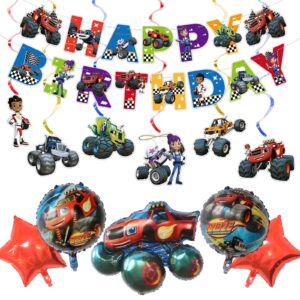 blaze birthday decorations blaze and the monster machines party balloon banner and hanging swirls for kid, boys and girls happy birthday banners