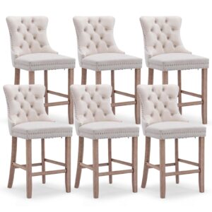 soarflash modern velvet upholstered bar stools set of 6 with wood legs, button tufted,chrome nailhead, counterstool seat, armless bar chairs (beige)